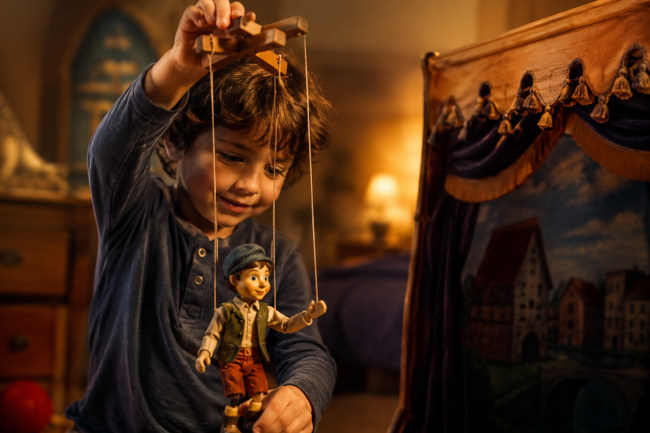 Enfant jouant avec une marionnette à fil dans une ambiance chaleureuse et théâtrale
